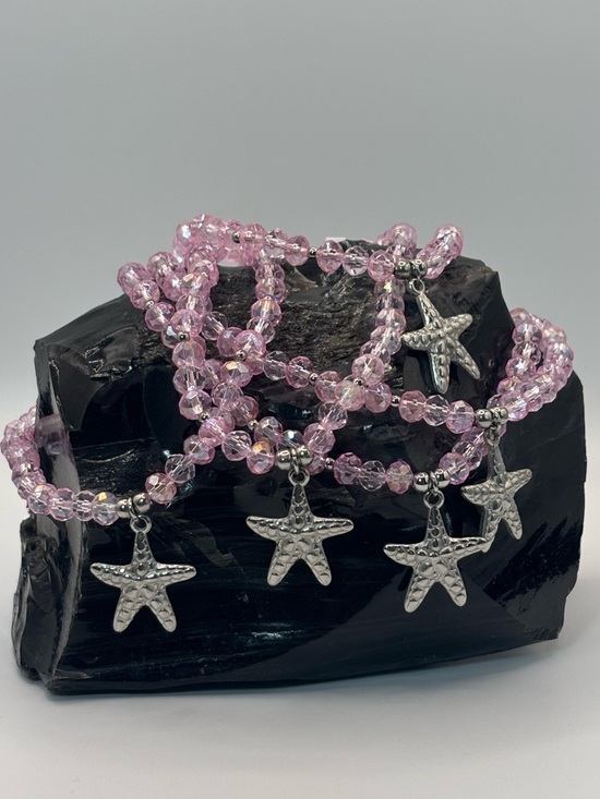 Jewelry - *ANKLET* S. Steel Silver Starfish with Pink AB Crystal Stretchy Anklet